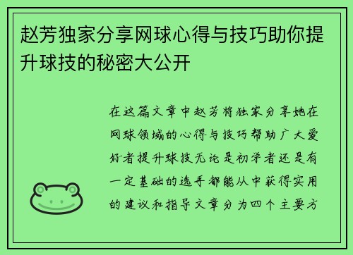 赵芳独家分享网球心得与技巧助你提升球技的秘密大公开