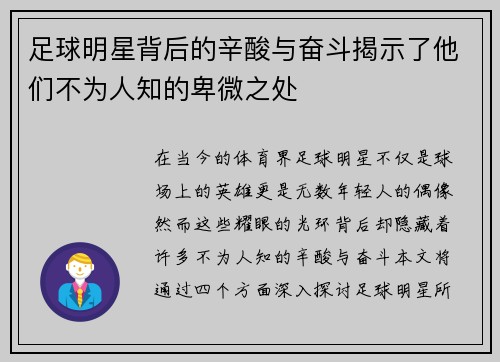 足球明星背后的辛酸与奋斗揭示了他们不为人知的卑微之处