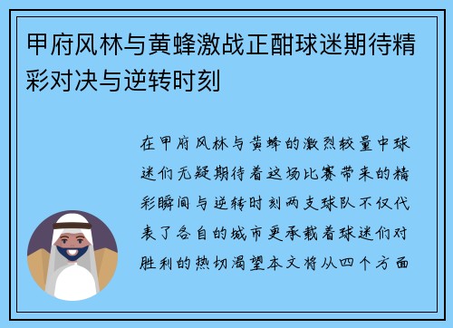 甲府风林与黄蜂激战正酣球迷期待精彩对决与逆转时刻